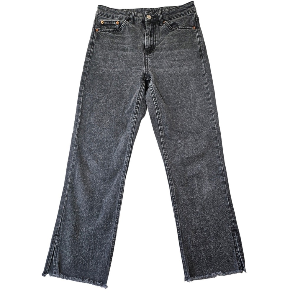 Topshop Womens Straight Leg Jeans Washed Black Ankle Slit Frayed Raw Hem 28